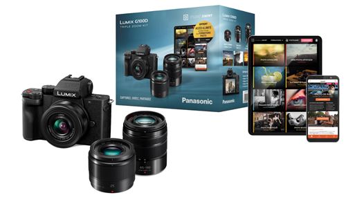 Pack Appareil photo hybride Panasonic Lumix G100D + Objectif standard 12-32 mm + Focale fixe 45-150 mm + Téléobjectif 25 mm F1.7 + formation Jiminy