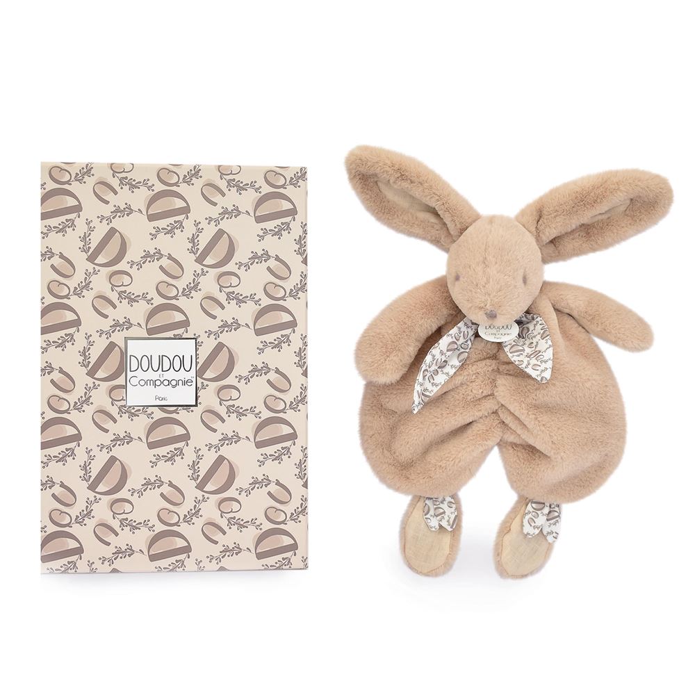 Doudou Lapin Peluche Beige 29cm - Avec Foulard En Lin, Douce Et Lavable, Garanti Perdu, Idéal Cadeau Naissance