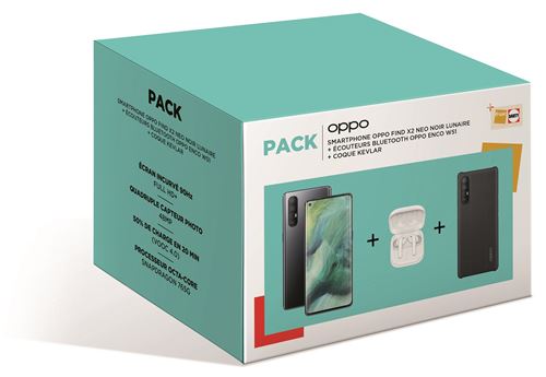 Pack Smartphone Oppo Find X2 Neo 6,5" 256 Go 5G Noir lunaire + Coque de protection Oppo Kevlar Noir + Ecouteurs sans fil Bluetooth Oppo Enco W51 Blanc