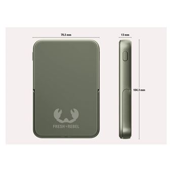 Magnetic Wireless Powerbank 5000mAh Dried Green - Fresh ''n Rebel - 2PBM5000DG.Compatible avec les iPhones MagSafe (iPhone 12 et modeles ulterieurs). Support iPhone integre.Conforme aux normes des compagnies aeriennes.