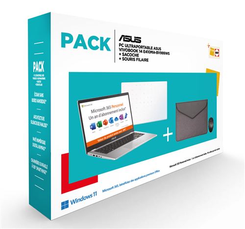 Pack Pc Ultra-Portable Asus Vivobook E410Ma-Bv999Ws 14" Intel Celeron 4 Go Ram 128 Go Emmc Blanc + Pochette + Souris Filaire