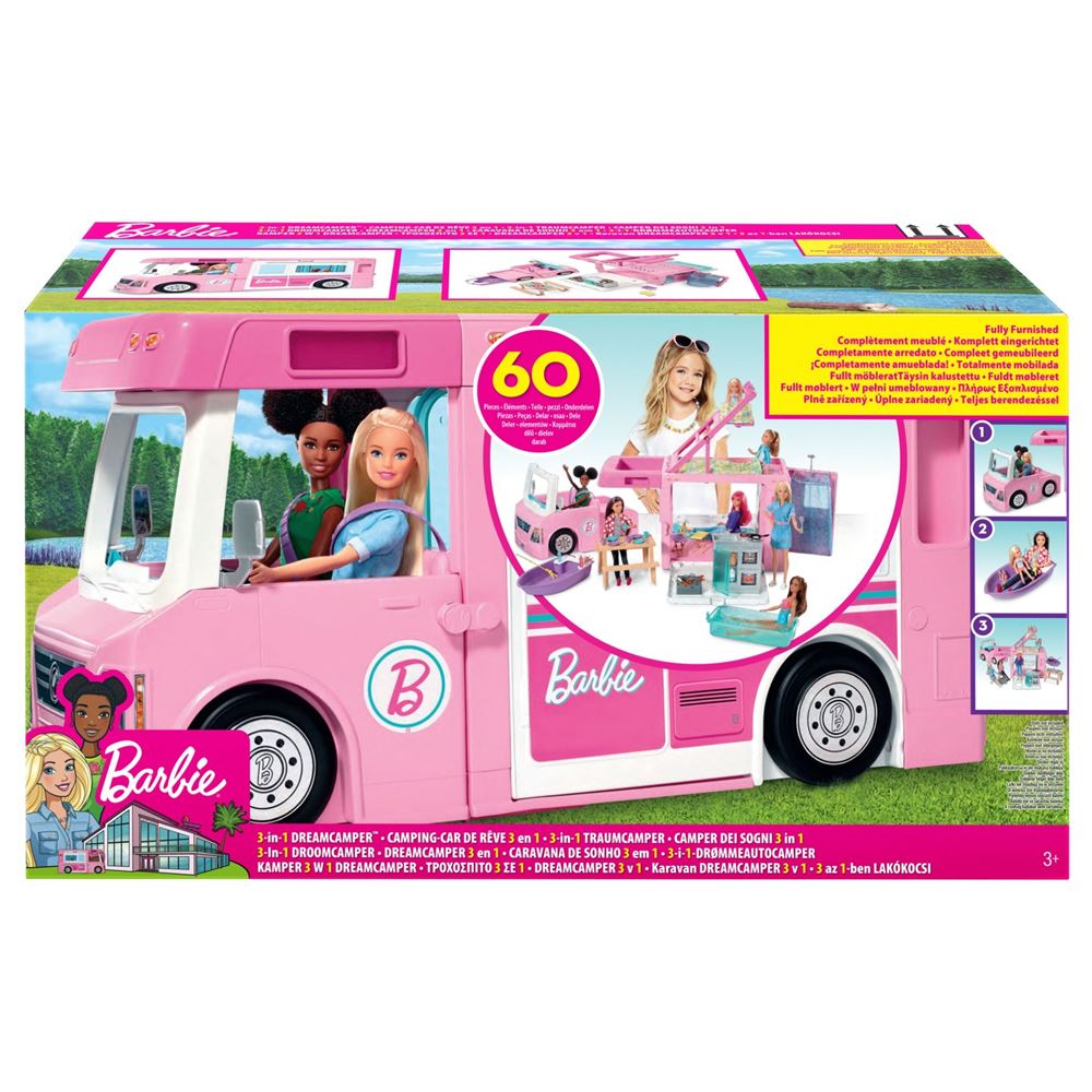 Barbie Camper DreamCamper 3 en 1 - Transforme le campeur avec piscine,  camion et bateau - 60 accessoires Barbie - Jouets et cadeaux pour enfants :  : Jeux et Jouets