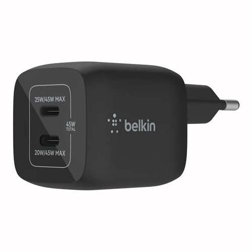 Double chargeur secteur Belkin BoostCharge Pro USB-C GaN 45W Noir