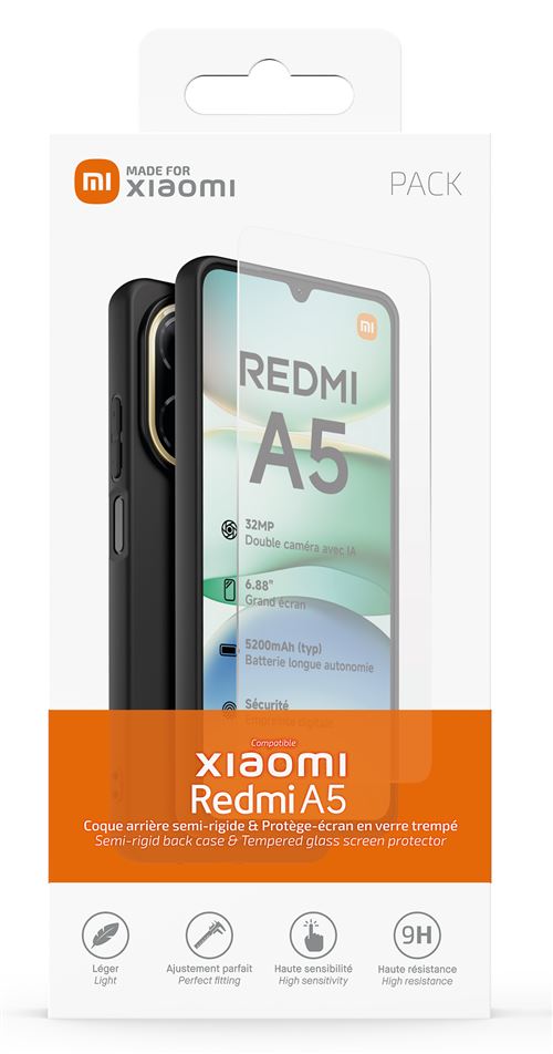 Pack Coque arrière semi-rigide et protège-écran en verre trempé Made For Xiaomi Noir et Transparent pour Xiaomi Redmi A5