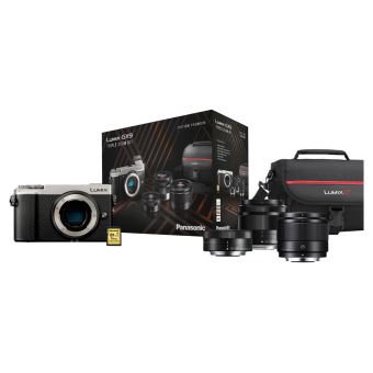Pack Hybride Panasonic Lumix GX9 Argent + Objectif G Vario 12-32 mm f/3.5-5.6 Asph. Mega O.I.S. + Objectif G Vario 35-100 mm f/4.0-5.6 Asph. Mega O.I.S. + Objectif G 25 mm f/1.7 Asph. + Carte mémoire SD 16 Go + Fourre-tout