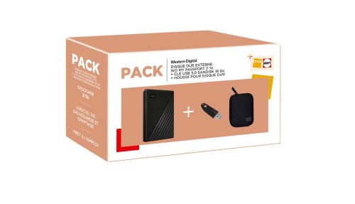 Pack Fnac Disque dur externe Western Digital My Passport 2 To + Clé USB 3.0 Sandisk 16 Go + Housse pour disque dur Noir