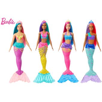 Barbie Dreamtopia poupée sirène cheveux roses et tenue multicolore.