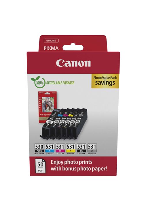 Pack de cartouches couleur Canon PGI-530 + 1 noir en taille standard + 1 noir XL + 50 papiers photos