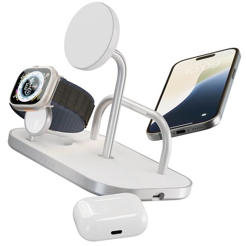 ZENS 4-in-1 Magnetic + Watch Wireless Charger - Support de chargement sans fil + adaptateur secteur - 65 Watt - Fast Charge - blanc/argent