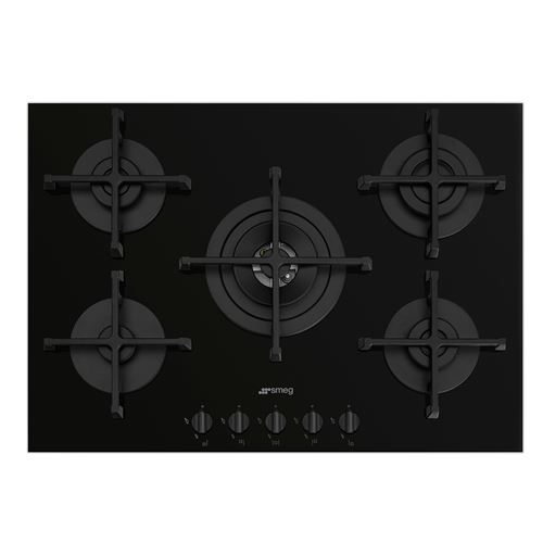 Smeg Table Gaz, 72 Cm, Installation Affleurante Ou Traditionnelle, Verre avec Bord Droit et Finition Noire, Grilles Individuelles En Fonte, Bruleurs En Aluminium, Commandes Par Manettes, 5 Foyers Gaz, 1 Foyer Ultra-Rapide De 4000W, Securite Thermocouples