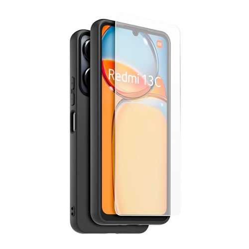 Pack Coque arrière semi-rigide Made For Xiaomi pour Redmi 13C Noir + Protège-écran en verre trempé Transparent