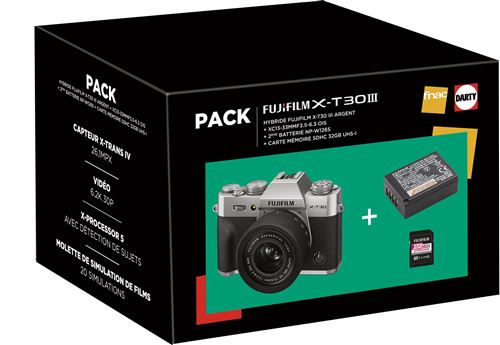 Pack Fnac Appareil photo hybride Fujifilm X-T30 III Argent + Objectif zoom XC 13-33 mm f/3.5-6.3 OIS Noir + Batterie NP-W126S + Carte SD 32 Go
