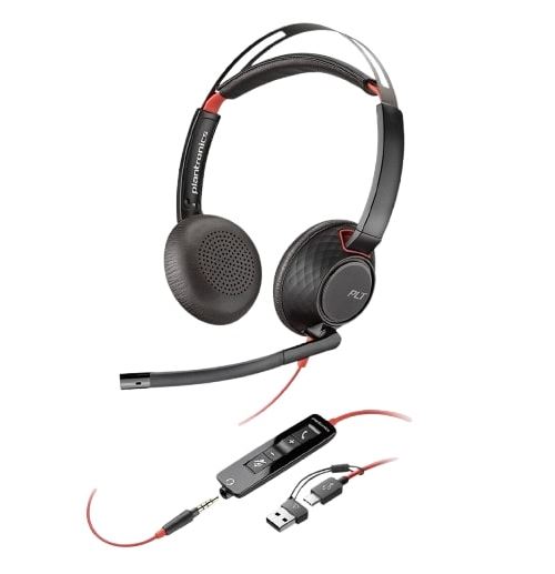 Micro-casque filaire Poly Blackwire 5220 stéréo Noir USB-C + connexion 3,5 mm + adaptateur USB-C et USB-A