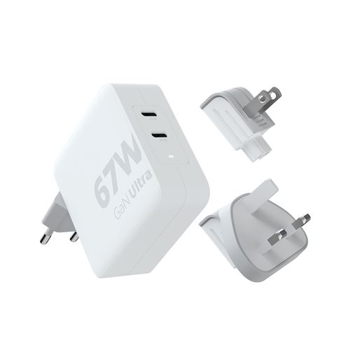 Chargeur secteur Xtorm 67 W GaN-Ultra avec adaptateurs voyage + câble USB-C PD 100 W 2 m Blanc