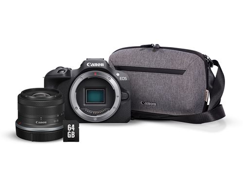 Appareil photo hybride Canon EOS R100 Noir + RF-S 18-45mm f/4.5-6.3 IS STM + Sac photo + carte SD 64 Go