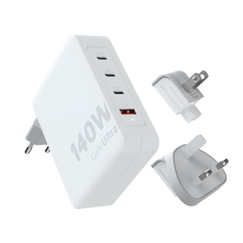 Chargeur secteur Xtorm 140 W GaN-Ultra avec adaptateurs voyage + câble USB-C PD 240 W 2 m Blanc