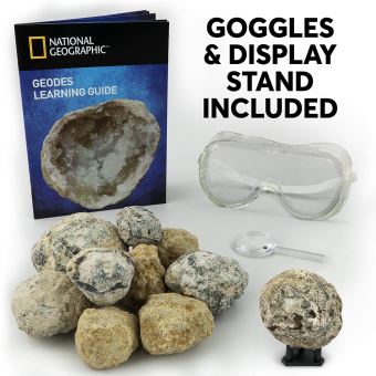 NATIONAL GEOGRAPHIC Break Open 5 Jumbo Geodes – Kit de sciences de la Terre avec 5 géodes de qualité supérieure de 8 à 10 cm avec cristaux, lunettes, guide d'apprentissage et présentoirs