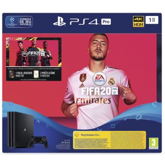 console ps4 pro 1to noire + fifa 20 jeu ps4 + ps plus voucher 14 jours