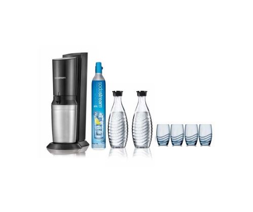 Pack Machine à soda Sodastream Crystal Noir et Gris avec 2 carafes en verre et 4 verres