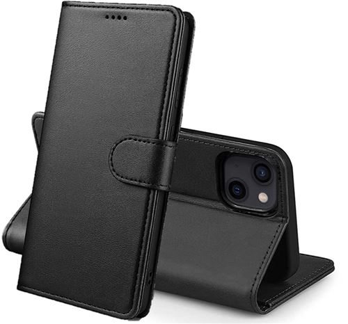Coque pour iPhone 14 PLUS - Portefeuille Noir Rabat Clapet Aimanté Rangement Cartes Phonillico®