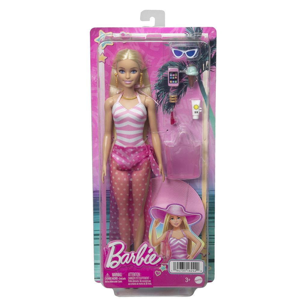 Barbie - Poupée Plage - Cheveux brun clair, maillot rose et orange