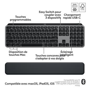 Clavier Et Souris Sans Fil Ergonomique Moojay Rechargeable - Silencieux, Pleine Taille Avec Repose-Poignet Et Support Téléphone - Noir
