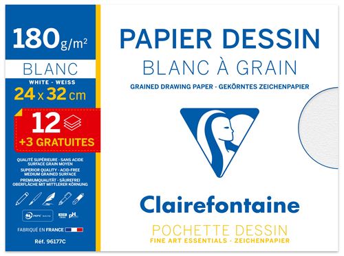 Pochette 15 feuilles de papier dessin Clairefontaine Blanc &agrave; grain