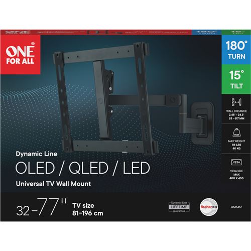 Support Mural TV Dynamic WM5457 Orientable a 180 et Inclinable a 15. Pour TV 3277'''' 81196cm . VESA 400max. A 63617mm du mur. Pour TV max 40kgs. Compatible Curved TV et OLED TV. Niveau a bulle.