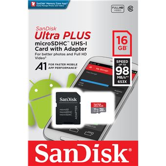 Carte Mémoire Sandisk ultra PLUS MicroSDHC 16Go 98Mo/seconde UHS-I