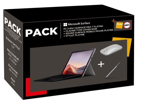 Pack PC Hybride Microsoft Surface Pro 7 12.3" Intel Core i5 8 Go RAM 256 Go SSD Platine + Clavier Microsoft Type Cover pour Surface Pro Noir + Souris