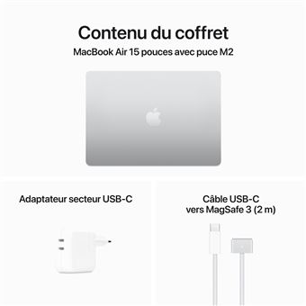 Apple MacBook Air 15.3'' 256 Go SSD 8 Go RAM Puce M2 CPU 8 coeurs GPU 10 coeurs Argent Nouveau