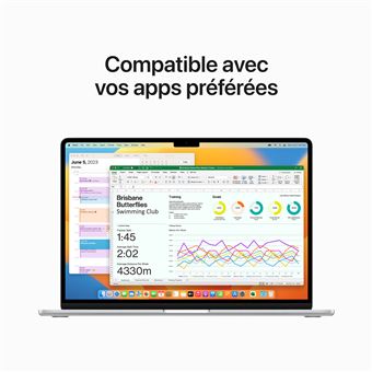 Apple MacBook Air 15.3'' 256 Go SSD 8 Go RAM Puce M2 CPU 8 coeurs GPU 10 coeurs Argent Nouveau