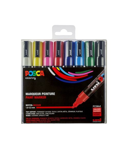 Set van 8 Posca Uni kegelmarkers met fijne punt, willekeurig patroon