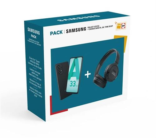 Pack Smartphone Samsung Galaxy A33 6.4 5G Double SIM 128 Go Noir + Casque supra-auriculaire sans fil JBL Tune 510 BT Noir