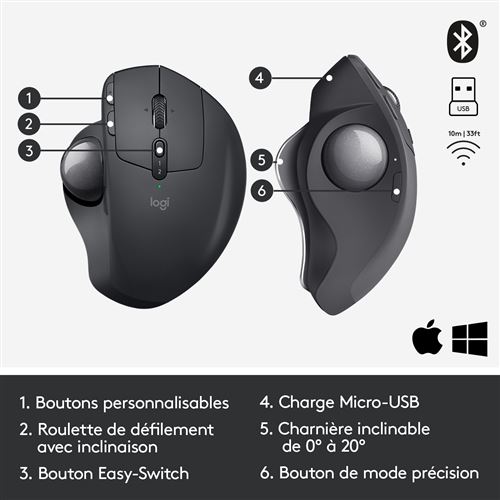 Logitech MX Ergo - souris sans fil ergonomique avec trackball pour droitier  - noir Pas Cher | Bureau Vallée