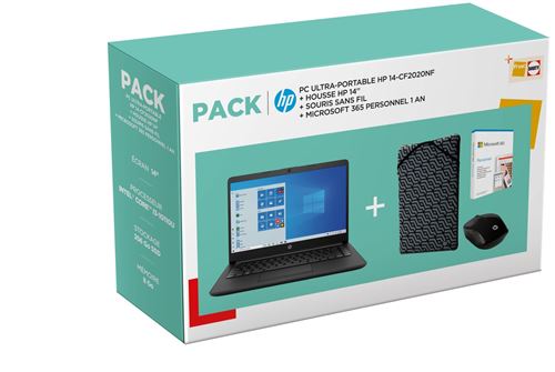 Pack PC Ultra-Portable HP 14-Cf2020Nf 14" Intel Core I3 8 Go Ram 256 Go SSD Noir Ébène + Housse De Protection + Souris Sans Fil HP 220 Noir + Microsoft 365 Personnel - 1 Utilisateur - PC Ou Mac - 1