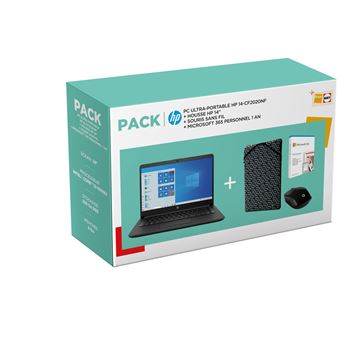 Pack PC Ultra-Portable HP 14-cf2020nf 14" Intel Core i3 8 Go RAM 256 Go SSD Noir ébène + Housse de protection + Souris sans fil HP 220 Noir + Microsoft 365 Personnel - 1 utilisateur - PC ou Mac - 1 - 1