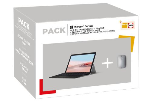 Pack PC Hybride Microsoft Surface Go 2 10,5’’ Tactile Intel Pentium Gold 8Go Ram 128Go SSD Platine + Clavier Type Cover Microsoft Surface Noir Pour Microsoft Surface Go 2 + Souris Microsoft Surface Mobile Platine