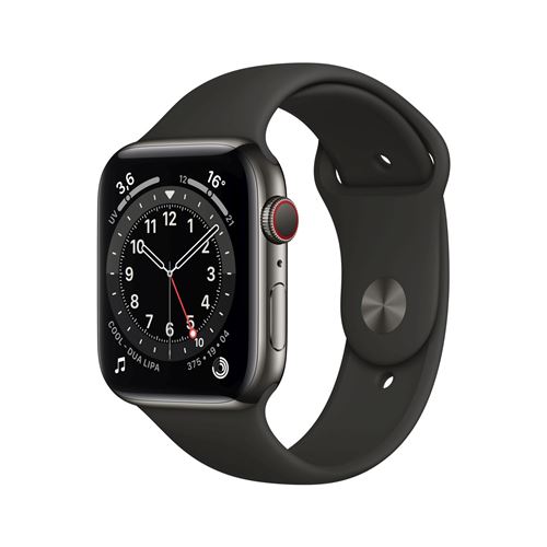 Apple Watch Series 6 (GPS + Cellular) - 44 mm - acier inoxydable graphite - montre intelligente avec bande sport - fluoroélastomère - noir - taille du bracelet : S/M/L - 32 Go - Wi-Fi, Bluetooth - 4G - 47.1 g