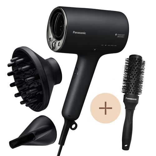 Panasonic EH-NA0J-N825 Seche-Cheveux Nanoe MOISTURE+ Mineral Embout Concentrateur & Diffuseur, Detection Intelligente, Mode Chaud Froid, Soins De la Peau, Du Cuir chevelu et Des pointes,1600 W, Noir + une brosse a cheveux.