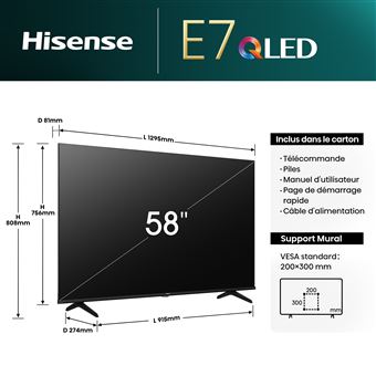 TV QLED Hisense 58E7NQ 146 cm 4K UHD 2024 Noir Métal