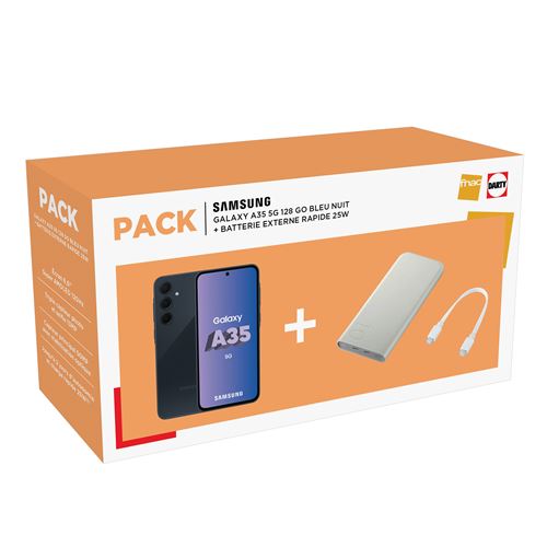 Bundle - Samsung Galaxy A35 6,6“ 5G Nano SIM 128 GB Nachtblau + Schneller Externer Akku 25 W Weiss