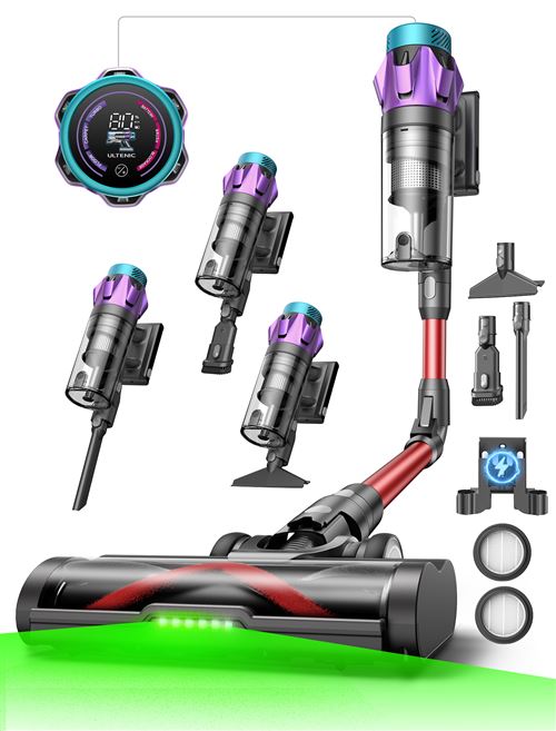 Non Communiqué Noir Ultenic Aspirateur Balai Sans Fil Uf18 Pro, 600W, 150Aw, 70Kpa, Autonomie 80 Min, Écran Led, Tube Flexible, Greeneye, Gris Et Rouge