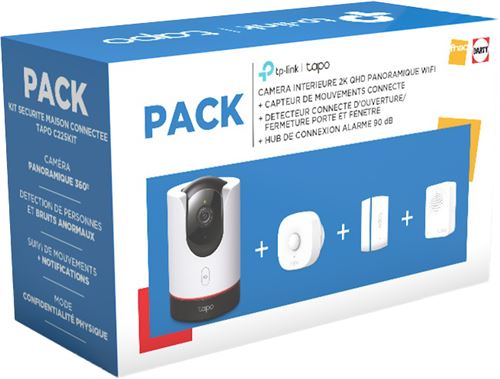 Pack Caméra de surveillance TP-Link Tapo intérieure Blanc et Noir + Capteur de mouvement + Détécteur d'ouverture fermeture + Hub de connexion alarme