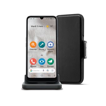 Pack smartphone Doro 8100 PLUS graphite pour seniors avec socle de charge et etui de protection