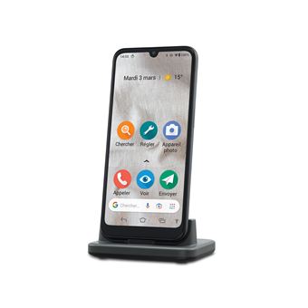 Pack smartphone Doro 8100 PLUS graphite pour seniors avec socle de charge et etui de protection