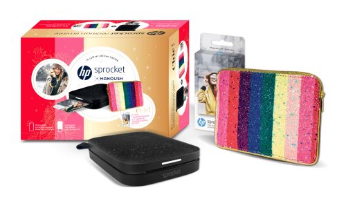 Pack Imprimante Photo HP Sprocket 200 Noir Manoush + 1 pochette Manoush et 1 paquet de 20 papiers photos