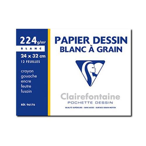 Clairefontaine Pochette 12 Feuilles Dessin &Agrave; Grain 24x32 224g Blanc