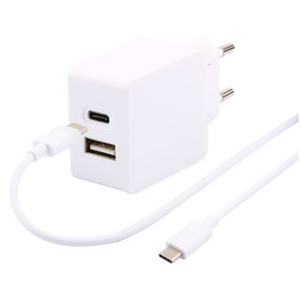 Chargeur secteur Temium Double USB avec Câble USB Type C 2.4 A Blanc Chargeur secteur Temium Double USB avec Câble USB Type C 2.4 A Blanc