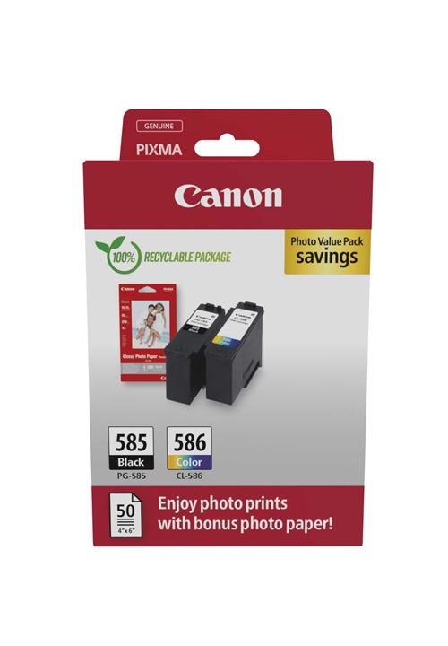 Pack Cartouche d'encre Canon PG-585 et CL-586 PVP SEC + 50 feuilles papier photo GP-501 10x15cm